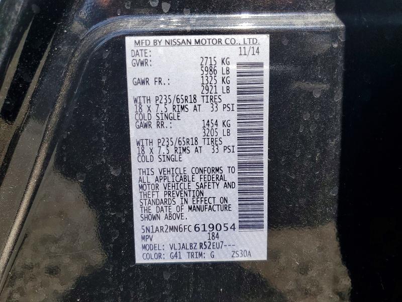 62472496 :رقم المزاد ، 5N1AR2MN6FC619054 vin ، 2015 Nissan Pathfinder مزاد بيع