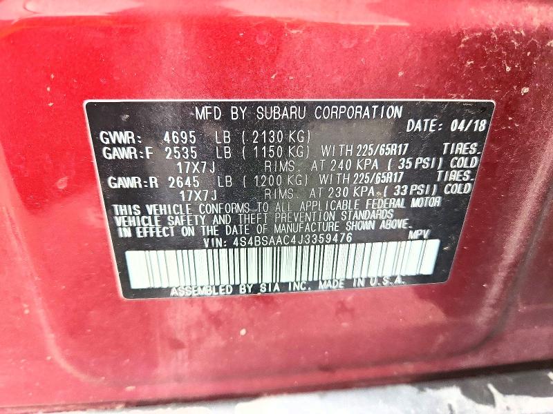 2018 Subaru Outback მანქანა იყიდება აუქციონზე, vin: 4S4BSAAC4J3359476, აუქციონის ნომერი: 61998736