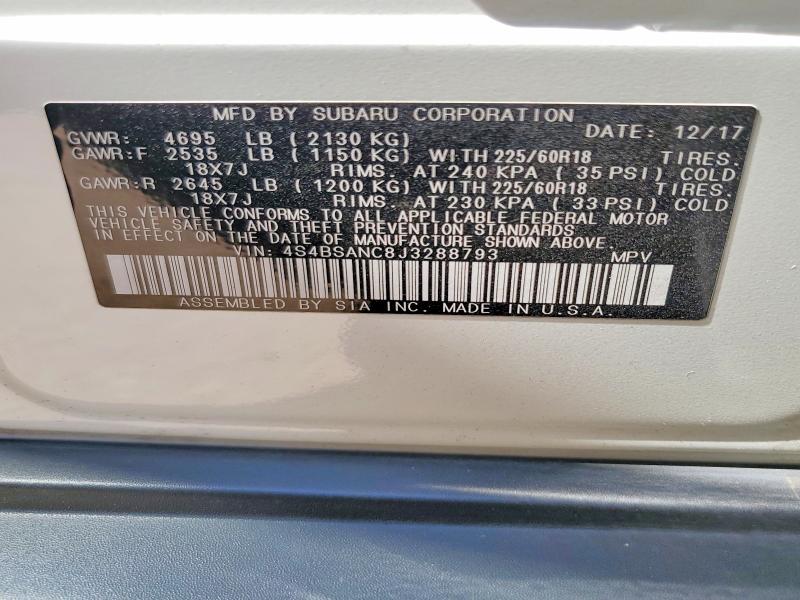 Aukcja sprzedaży 2018 Subaru Outback, vin: 4S4BSANC8J3288793, numer aukcji: 61622686