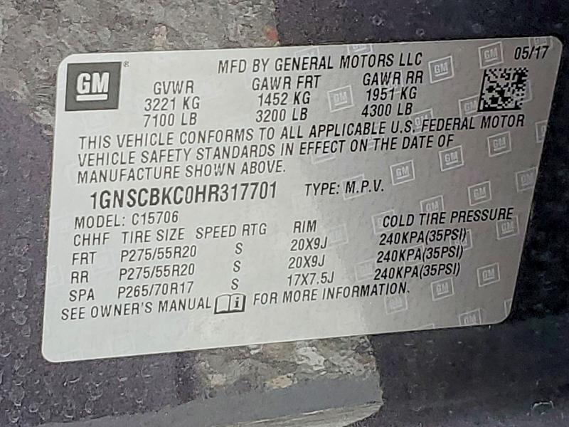 Aukcja sprzedaży 2017 Chevrolet Tahoe, vin: 1GNSCBKC0HR317701, numer aukcji: 61774786