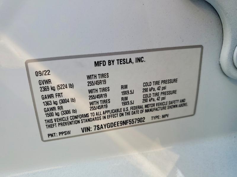 61356376 :رقم المزاد ، 7SAYGDEE9NF557902 vin ، 2022 Tesla Model Y مزاد بيع