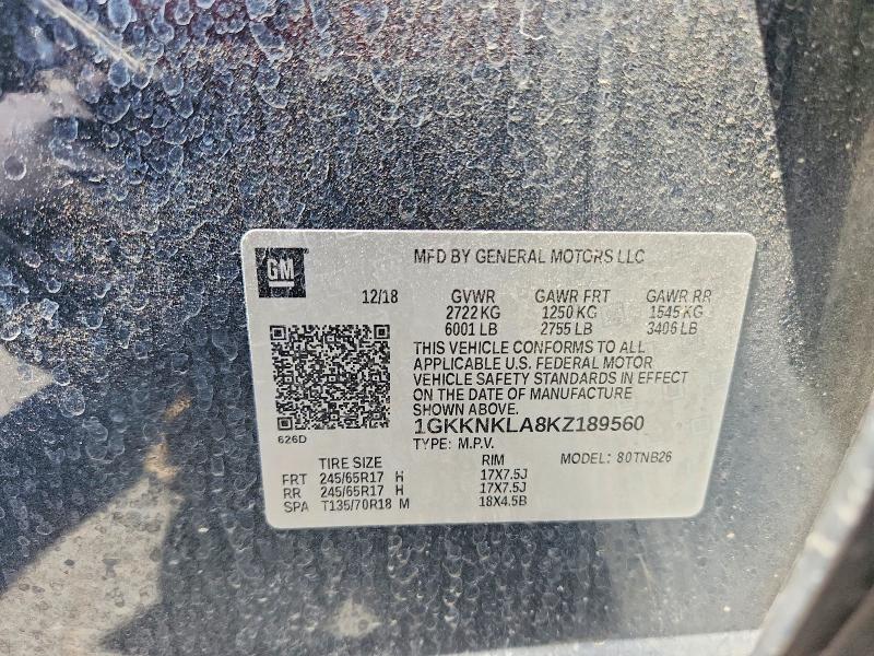 63415656 :رقم المزاد ، 1GKKNKLA8KZ189560 vin ، 2019 Gmc Acadia مزاد بيع