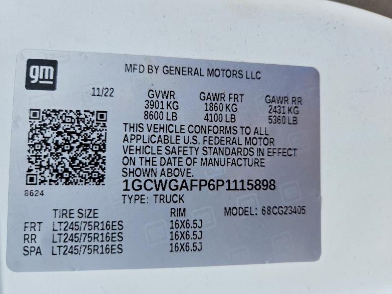 2023 Chevrolet Express G2500 მანქანა იყიდება აუქციონზე, vin: 1GCWGAFP6P1115898, აუქციონის ნომერი: 59707166