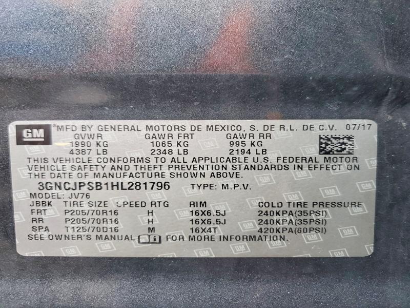 62459756 :رقم المزاد ، 3GNCJPSB1HL281796 vin ، 2017 Chevrolet Trax مزاد بيع