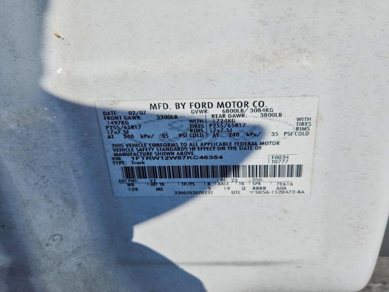 2007 Ford F150 მანქანა იყიდება აუქციონზე, vin: 1FTRW12W87KC46354, აუქციონის ნომერი: 60016236