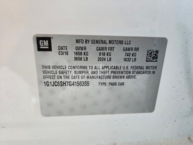 60442256 :رقم المزاد ، 1G1JC6SH7G4156355 vin ، 2016 Chevrolet Sonic مزاد بيع