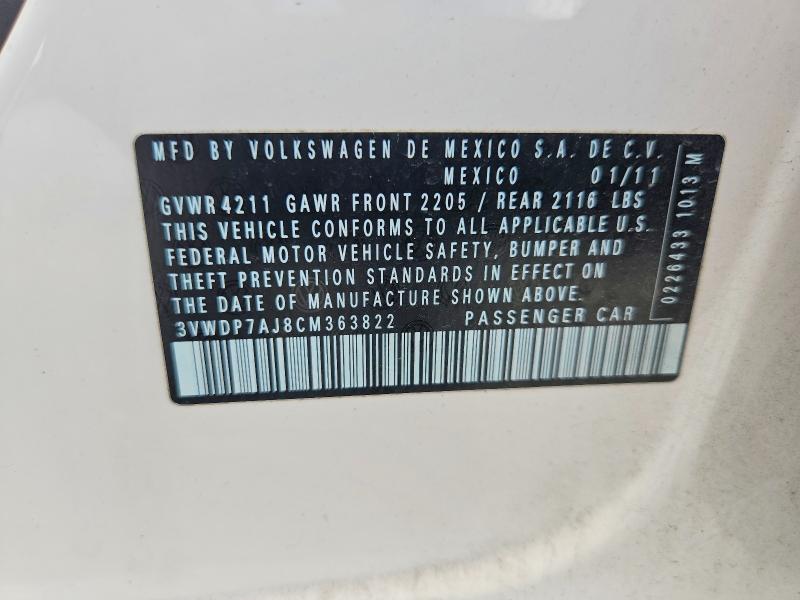 2012 Volkswagen Jetta მანქანა იყიდება აუქციონზე, vin: 3VWDP7AJ8CM363822, აუქციონის ნომერი: 60165976