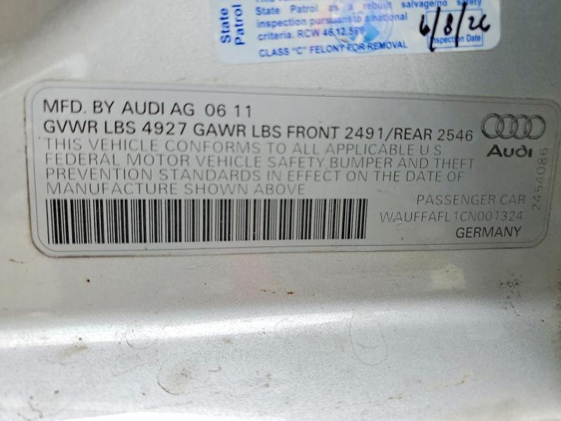 85618315 :رقم المزاد ، WAUFFAFL1CN001324 vin ، 2012 Audi A4 مزاد بيع