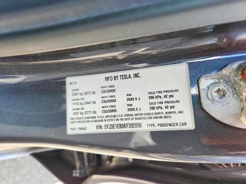 2019 Tesla Model 3 მანქანა იყიდება აუქციონზე, vin: 5YJ3E1EB0KF392898, აუქციონის ნომერი: 63315806