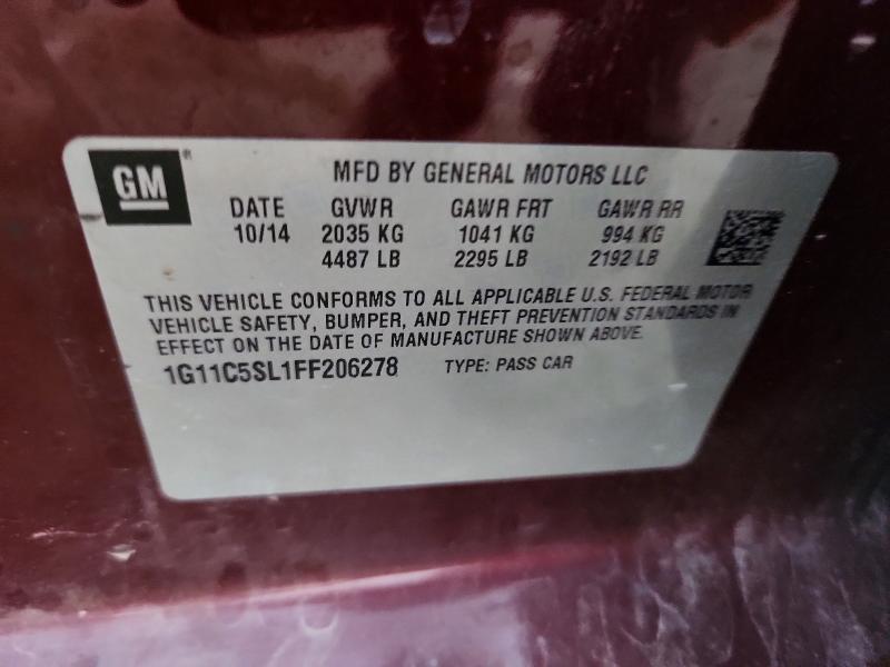 62259036 :رقم المزاد ، 1G11C5SL1FF206278 vin ، 2015 Chevrolet Malibu مزاد بيع