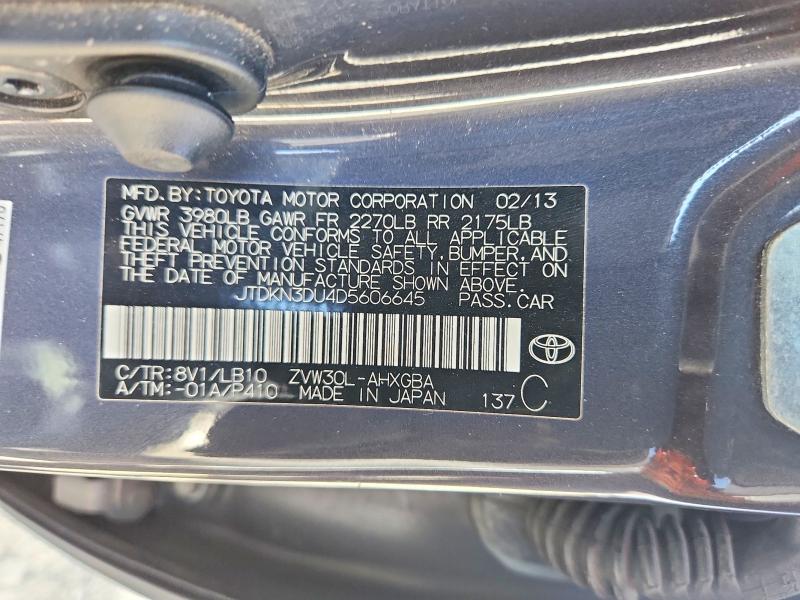 63429776 :رقم المزاد ، JTDKN3DU4D5606645 vin ، 2013 Toyota Prius مزاد بيع
