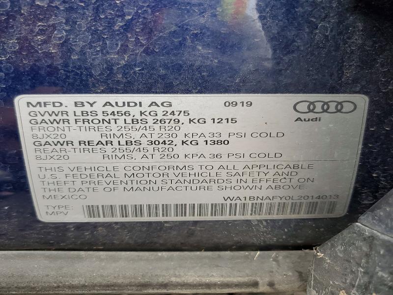 58707026 :رقم المزاد ، WA1BNAFY0L2014013 vin ، 2020 Audi Q5 مزاد بيع