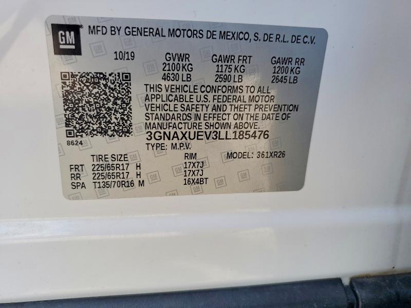 2020 Chevrolet Equinox მანქანა იყიდება აუქციონზე, vin: 3GNAXUEV3LL185476, აუქციონის ნომერი: 61127186