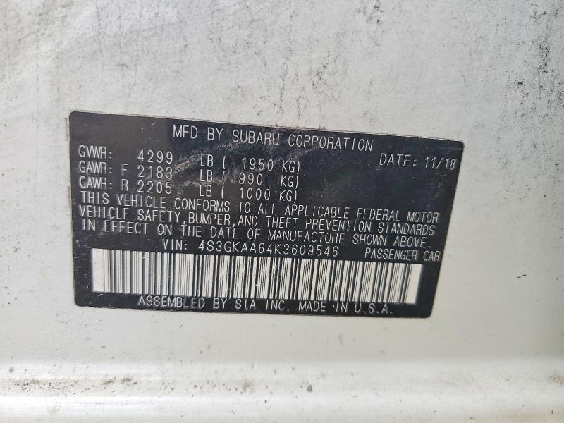 Продажа на аукционе авто 2019 Subaru Impreza, vin: 4S3GKAA64K3609546, номер лота: 62598166