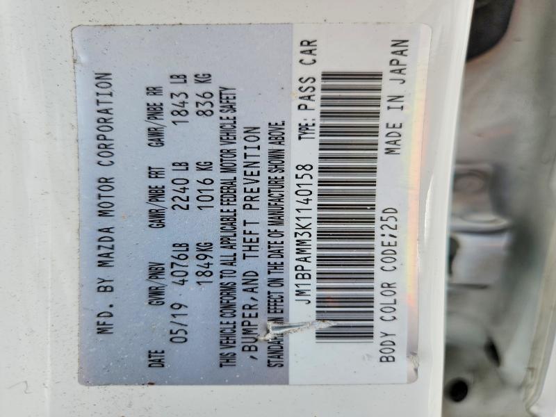 2019 Mazda 3 მანქანა იყიდება აუქციონზე, vin: JM1BPAMM3K1140158, აუქციონის ნომერი: 62435336