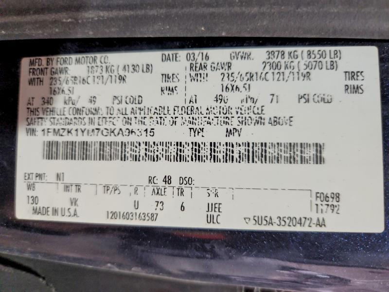 61371076 :رقم المزاد ، 1FMZK1YM7GKA96315 vin ، 2016 Ford Transit مزاد بيع