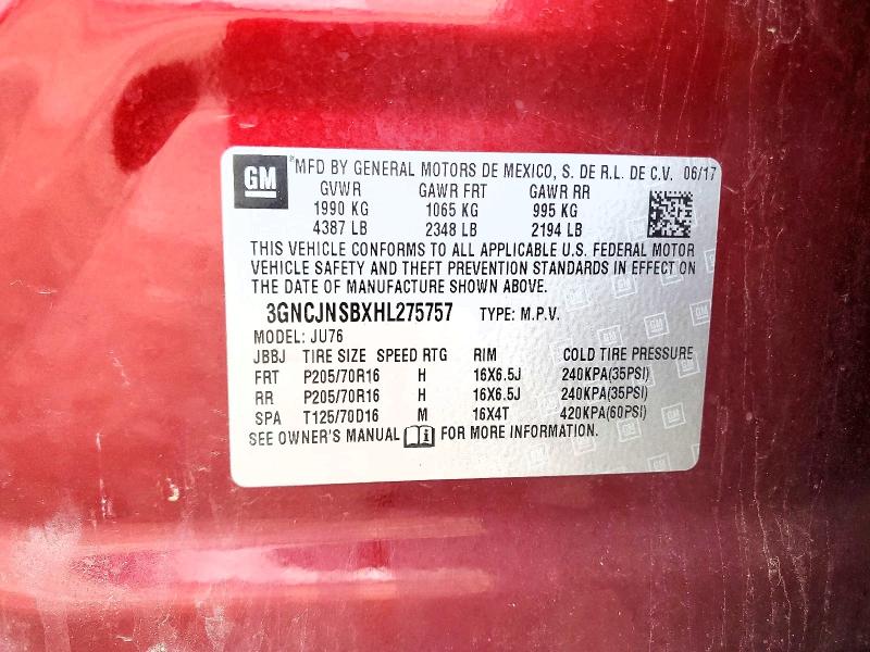 2017 Chevrolet Trax მანქანა იყიდება აუქციონზე, vin: 3GNCJNSBXHL275757, აუქციონის ნომერი: 63112386