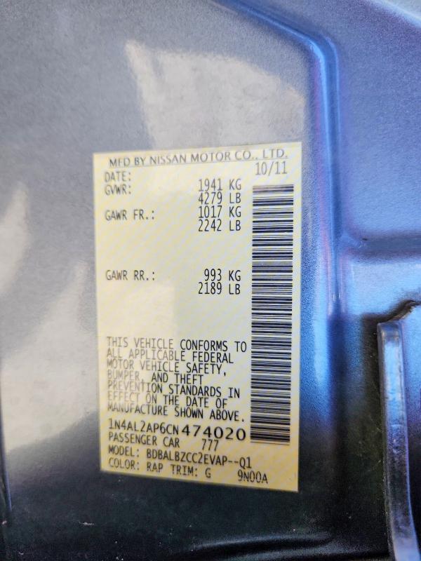 Продажа на аукционе авто 2012 Nissan Altima, vin: 1N4AL2AP6CN474020, номер лота: 62839306