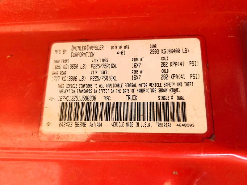 59154636 :رقم المزاد ، 1B7HC13Z51J596938 vin ، 2001 Dodge Ram 1500 مزاد بيع