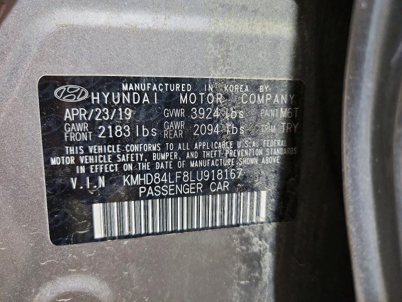 60067336 :رقم المزاد ، KMHD84LF8LU918167 vin ، 2020 Hyundai Elantra مزاد بيع