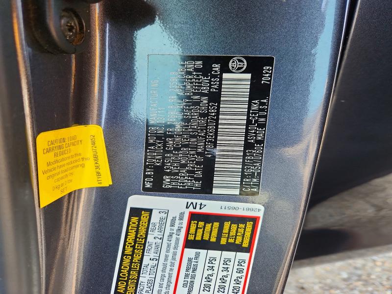 2011 Toyota Camry მანქანა იყიდება აუქციონზე, vin: 4T1BF3EK6BU724852, აუქციონის ნომერი: 63339536