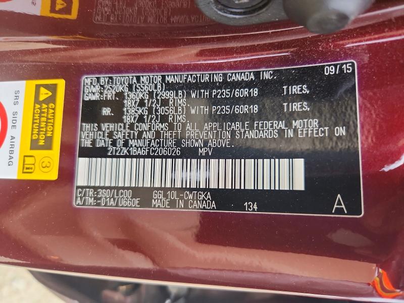 60708696 :رقم المزاد ، 2T2ZK1BA6FC206026 vin ، 2015 Lexus Rx مزاد بيع