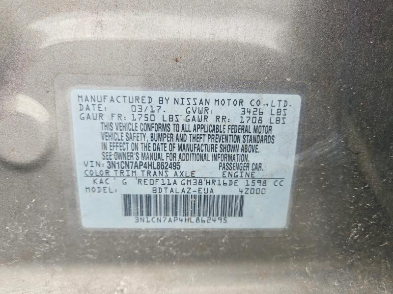 2017 Nissan Versa მანქანა იყიდება აუქციონზე, vin: 3N1CN7AP4HL862495, აუქციონის ნომერი: 62081786