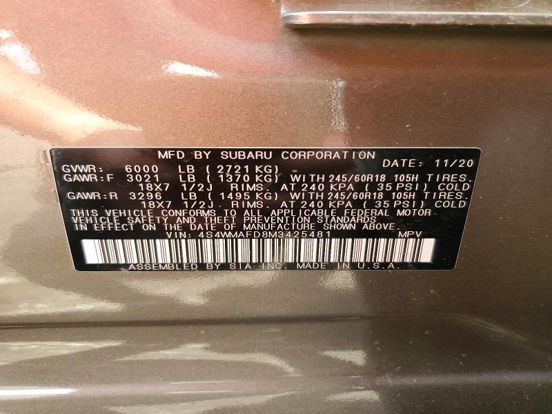 61015376 :رقم المزاد ، 4S4WMAFD8M3425481 vin ، 2021 Subaru Ascent مزاد بيع