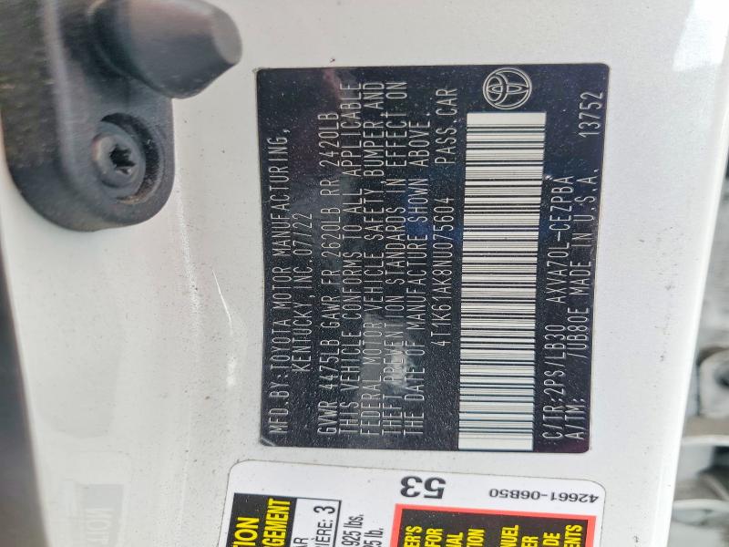 Auction sale of the 2022 Toyota Camry, vin: 4T1K61AK8NU075604, lot number: 60990396