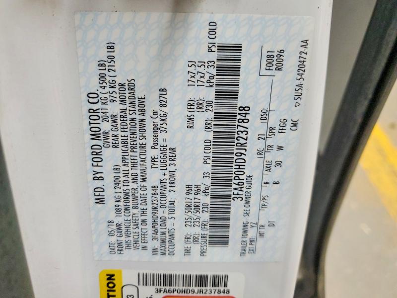 Продаж на аукціоні авто 2018 Ford Fusion, vin: 3FA6P0HD9JR237848, номер лоту: 59831056