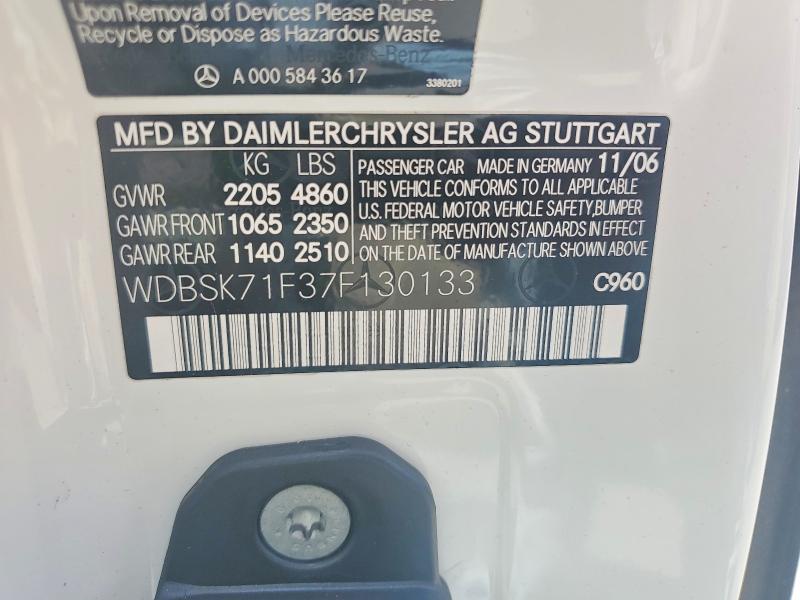 58530296 :رقم المزاد ، WDBSK71F37F130133 vin ، 2007 Mercedes-benz Sl مزاد بيع
