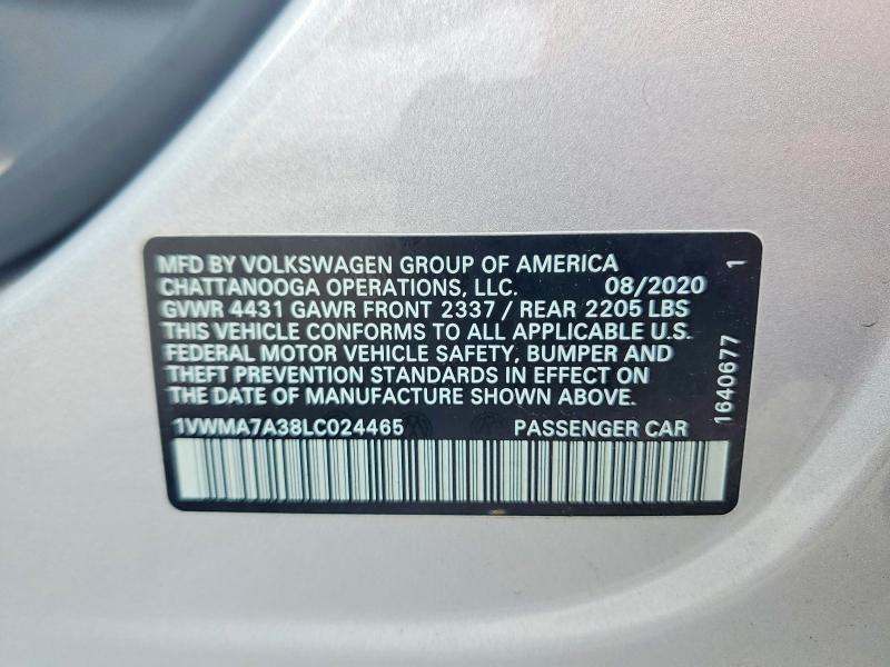 59976796 :رقم المزاد ، 1VWMA7A38LC024465 vin ، 2020 Volkswagen Passat مزاد بيع