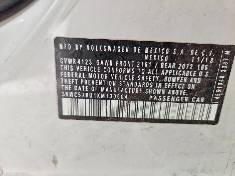 61014526 :رقم المزاد ، 3VWC57BU1KM130504 vin ، 2019 Volkswagen Jetta مزاد بيع