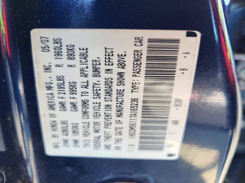 Aukcja sprzedaży 2007 Honda Accord, vin: 1HGCM56117A165236, numer aukcji: 62080656