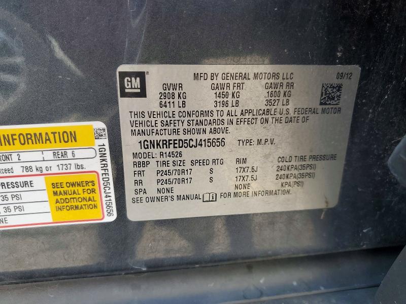 Продаж на аукціоні авто 2012 Chevrolet Traverse, vin: 1GNKRFED5CJ415656, номер лоту: 60692286