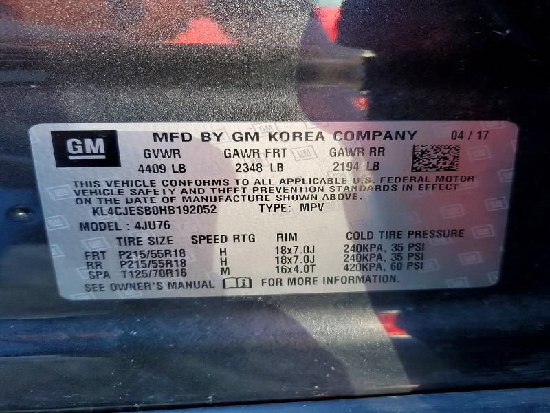2017 Buick Encore მანქანა იყიდება აუქციონზე, vin: KL4CJESB0HB192052, აუქციონის ნომერი: 59727446