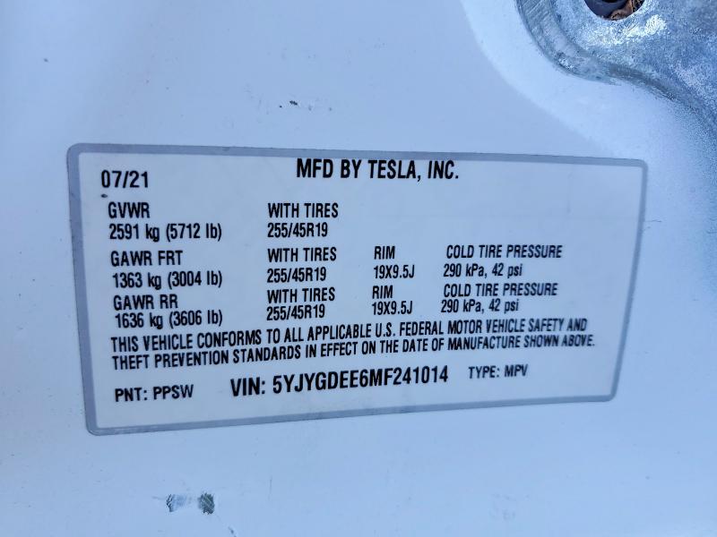 2021 Tesla Model Y მანქანა იყიდება აუქციონზე, vin: 5YJYGDEE6MF241014, აუქციონის ნომერი: 59235076