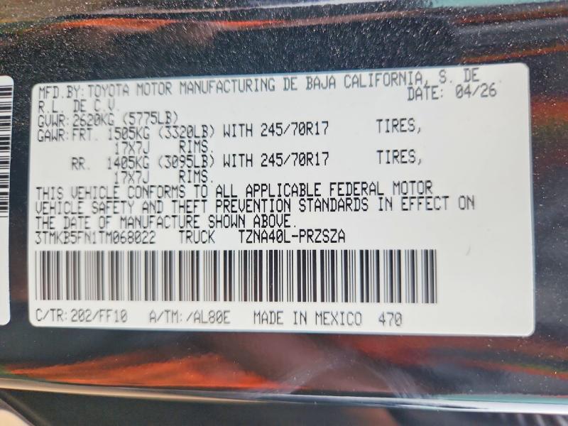 Продаж на аукціоні авто 2026 Toyota Tacoma, vin: 3TMKB5FN1TM068022, номер лоту: 61016266
