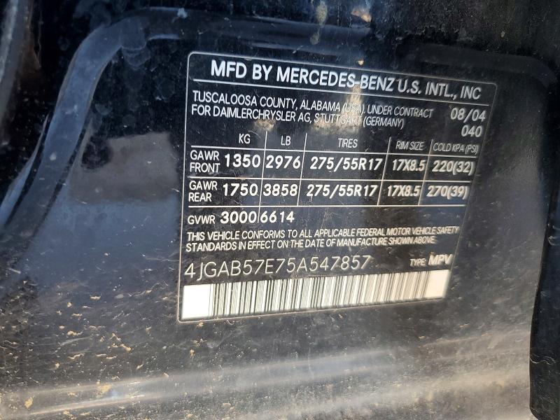 2005 Mercedes-benz Ml მანქანა იყიდება აუქციონზე, vin: 4JGAB57E75A547857, აუქციონის ნომერი: 59066596