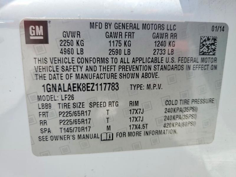 Продажа на аукционе авто 2014 Chevrolet Equinox, vin: 1GNALAEK8EZ117783, номер лота: 60895576