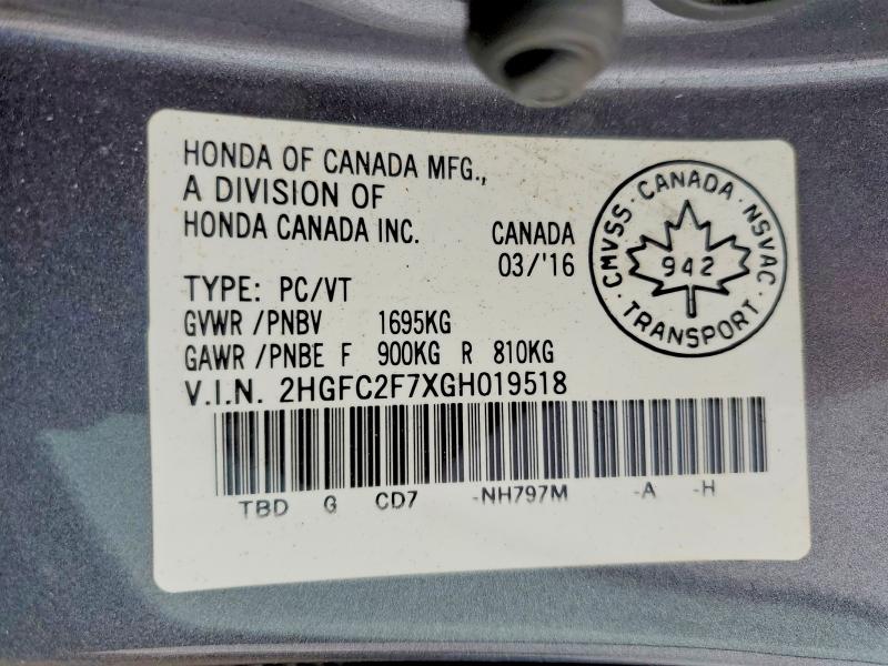 2016 Honda Civic მანქანა იყიდება აუქციონზე, vin: 2HGFC2F7XGH019518, აუქციონის ნომერი: 61973696