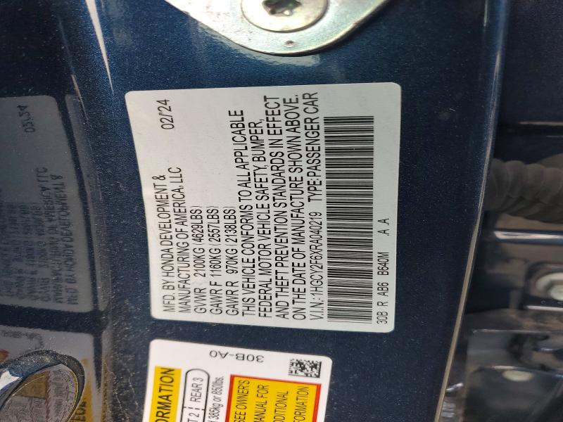 58620656 :رقم المزاد ، 1HGCY2F6XRA040219 vin ، 2024 Honda Accord مزاد بيع