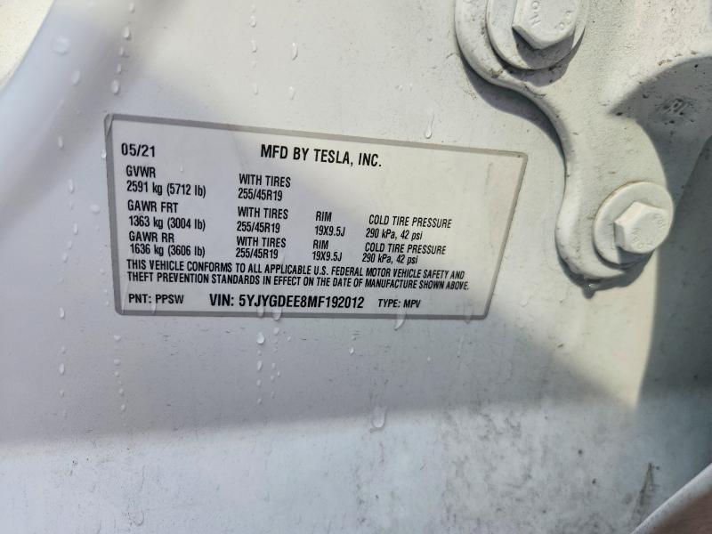 2021 Tesla Model Y მანქანა იყიდება აუქციონზე, vin: 5YJYGDEE8MF192012, აუქციონის ნომერი: 60254526