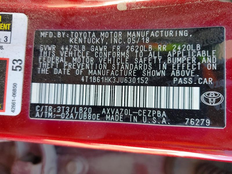 61619646 :رقم المزاد ، 4T1B61HK3JU630152 vin ، 2018 Toyota Camry مزاد بيع