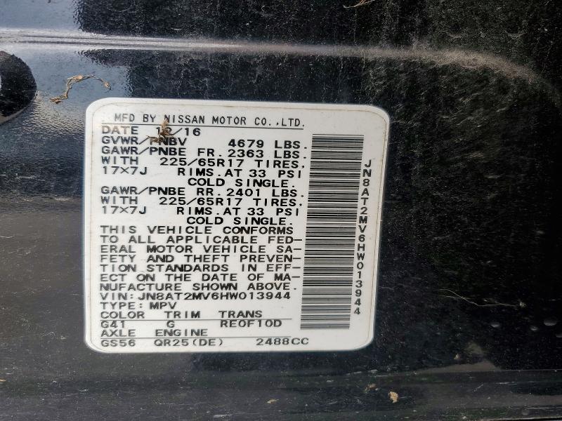 2017 Nissan Rogue მანქანა იყიდება აუქციონზე, vin: JN8AT2MV6HW013944, აუქციონის ნომერი: 60017696