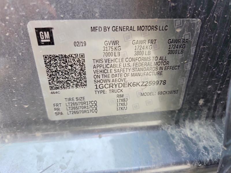 59339126 :رقم المزاد ، 1GCRYDEK6KZ259978 vin ، 2019 Chevrolet Silverado مزاد بيع