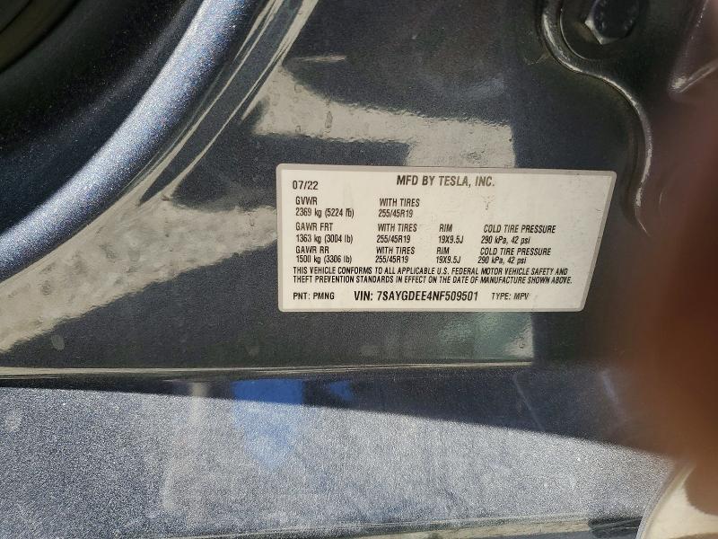 2022 Tesla Model Y მანქანა იყიდება აუქციონზე, vin: 7SAYGDEE4NF509501, აუქციონის ნომერი: 60226376