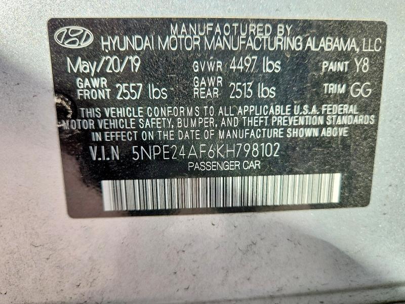 2019 Hyundai Sonata მანქანა იყიდება აუქციონზე, vin: 5NPE24AF6KH798102, აუქციონის ნომერი: 60361736