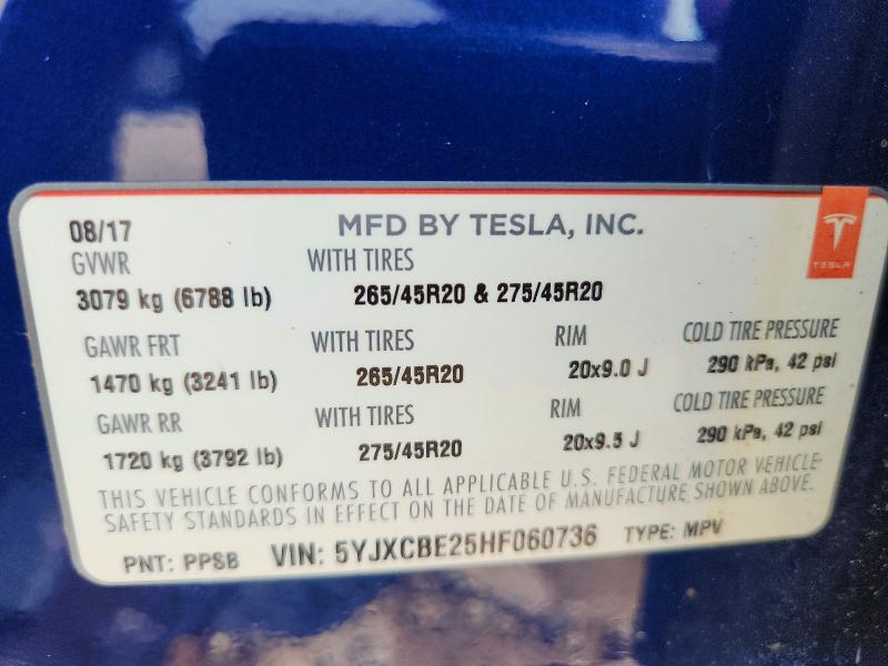 Продаж на аукціоні авто 2017 Tesla Model X, vin: 5YJXCBE25HF060736, номер лоту: 59394326