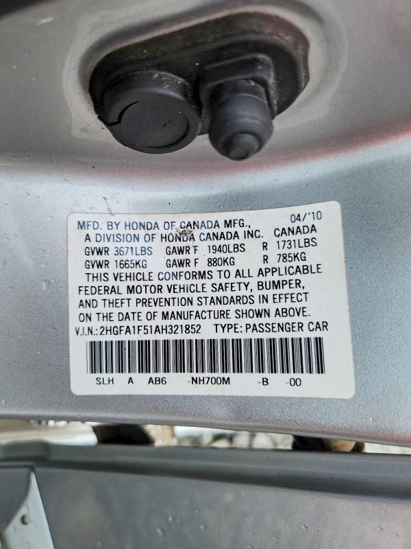 Продаж на аукціоні авто 2010 Honda Civic, vin: 2HGFA1F51AH321852, номер лоту: 61336256